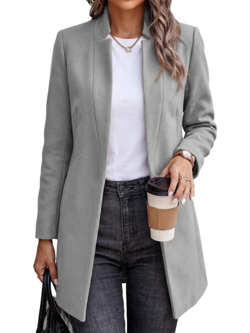 Women's Grey Notch Collar Long Sleeve Wool Coat Long Blazer Pockets Pea Coat